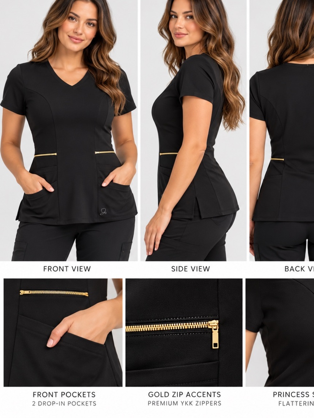 JAANUU Tulip Scrub Top Black Gold Zip Size S Women’s Stretch 4 Pocket